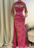 Vintage Fuchsia Sheath Lace Evening Gown High Slit Party Dress Long Formal Dress HZ1024