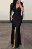 Plataz Formal Solid Tassel Sequins Slit V Neck Evening HZ1007
