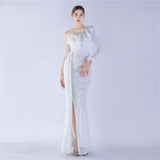 Plataz Ostrich Feather Ruffled Side Slit High End Sequined Evening HZ1007