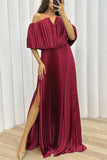 Plataz Formal Solid Slit Fold Off the Shoulder Evening Dress HZ1007