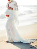 Plataz White Lace Trumpet V-Neck Flare Sleeve Bodycon Prom Wedding Gown Photoshoot Maternity Maxi Dress Maternity