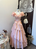 Vintage Pink Chiffon Evening Dress A-Line Ruffled Tiered Long Prom Dress HZ1024