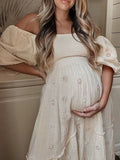 Plataz Apricot Daisy Print Smocked Off Shoulder Ruffle Big Swing Elegant Vacation Maternity Photoshoot Baby Shower Party Maxi Dress Maternity