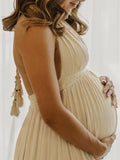 Plataz Solid Color Cut Out V-Neck Side Slit Backless Tassel Halter Neck Vacation Photoshoot Maternity Maxi Dress Maternity