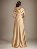 Plataz Scoop Floor-Length Stretch Satin Mother of the Bride Dress With Cascading HZ1007