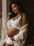 Plataz Ivory Three-piece Cozy Knit Set Plus Size Crop Top Cardigan Fluffy Loungewear Casual Daily Maternity Outfit Maternity