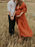 Plataz Single Breasted Drawstring Ruffle Tie Back Red Maternity Photoshoot Maxi Dress Maternity