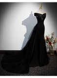 Vintage Black A-Line Evening Gown Satin Off-the-shoulder Party Dress Tulle Dress Hem Formal Dress HZ1024