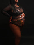 Plataz Black Rhinestone Fishnet Knitting Sheer Cut Out Photoshoot Short Jumpsuit Maternity Bodysuit Maternity