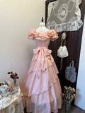 Vintage Pink Chiffon Evening Dress A-Line Ruffled Tiered Long Prom Dress HZ1024