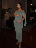 Plataz Grey Asymmetric Shoulder Knotted One Shoulder Sleeveless Bodycon Elegant Cocktail Party Maternity Photoshoot Baby Shower Maxi Dress Maternity