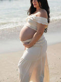Plataz Ivory White Two Piece Set Off Shoulder Ruffle Falbala Bodycon Elegant Maternity Boho Photoshoot Baby Shower Maxi Dress Maternity