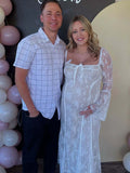 Plataz White Lace Corset Square Neck Flare Sleeve Off Shoulder Bodycon Elegant Cocktail Party Maternity Photoshoot Baby Shower Maxi Dress Maternity