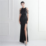 Plataz Industry Micro Glass Bead Craft Beaded Cocktail Evening Dress Elegant Long Halter Split HZ1007