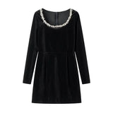 Plataz Bead Drill Velveteen Dress For Women Long Sleeve Slim Black Formal Dress Female Party Elegant Retro Evening Dresses HZ1007