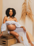 Plataz Chic White Two Piece Falbala Slits On Both Sides Transparent Off Shoulder Flowy Beach Maternity Photoshoot Maxi Dress Maternity
