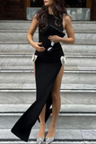 Plataz Solid Color Slit Bow Decor O Neck Evening HZ1007