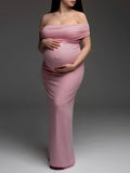 Plataz Pink Off Shoulder Belly Friendly Ruched Boat Neck Bodycon Photoshoot Maternity Maxi Dress Maternity