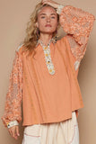 Plataz Floral Half Button Lace Detail Long Sleeve Top DJPT