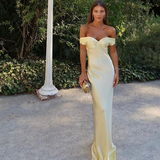 Plataz Mermaid Off The Shoulder Yellow Satin Long Evening Dress Prom Dresses SD2063 HZ0628