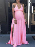 Plataz Pink V-neck Spaghetti Strap Halter Neck Backless Cami Slit Baby Shower Plus Size Maternity Maxi Dress Maternity