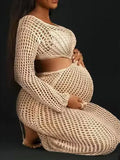 Plataz Apricot Knit Coverup Dress Mesh Bodycon Beach Hollow Out Midi Crochet Maternity Cut Out Dress Maternity