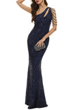 Plataz Elegant Solid Sequins Oblique Collar Evening Dress HZ1007