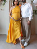 Plataz Yellow Pleated Cut Out One Shoulder Big Swing Plus Size Elegant Maternity Photoshoot Baby Shower Maxi Dress Maternity