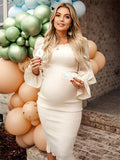 Plataz Ruffle Off Shoulder Long Sleeve Bodycon Baby Shower Maternity Midi Dress Maternity