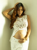 Plataz White Lace Cut Out Crop Hollow Irregular 2-in-1 Babyshower Maternity Maxi Dress Maternity