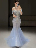 Plataz Mermaid Off The Shoulder Blue Tulle Silver Beads Long Prom Dresses Formal Evening Dress SD1399 HZ0628