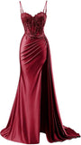 Vintage Sheath Applique Sweetheart Satin Evening Gown Spaghetti Strap Party Dress Slit Long Formal Dress HZ1024