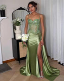 Plataz Mermaid Spaghetti Straps Sage Green Long Satin Prom Dresses Formal Evening Dress SD2416 HZ0628