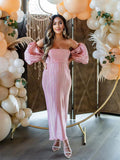Plataz Pink Off Shoulder Bandeau Ribbed Pleated Bodycon Puff Sleeve Evening Gown Baby Shower Maternity Maxi Dress Maternity