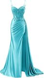 Vintage Sheath Applique Sweetheart Satin Evening Gown Spaghetti Strap Party Dress Slit Long Formal Dress HZ1024