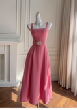 Vintage Hot Pink A-Line Evening Dress Sash Tea Length Prom Dress HZ1024