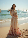Plataz Two Piece Boho Flower Printing Off Shoulder Chiffon Crop Bandeau Photoshoot Maternity Maxi Dress Maternity