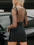 Plataz Solid Color Pear Rhinestone Sheer Long Sleeve Fashion Photoshoot Maternity Baby Shower Mini Dress Maternity