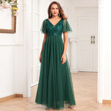 Plataz Sleeve Evening Dress Double V Neck Sequ Embroidery Stitching Long Party Dress Elegant A Line Tulle HZ1007