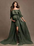 Plataz Solid Color Off Shoulder Backless Ruffle Crop Side Slit 2-in-1 Photoshoot Maternity Maxi Dress Maternity