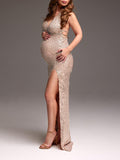 Plataz Rose Gold Glitter Sparkly Backless Slit Tie Back Photoshoot Party Maternity Maxi Dress Maternity