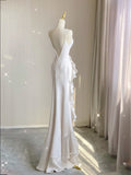 Plataz Mermaid Scoop Satin Night Party Dress White Long Prom Dresses SD1524 HZ0628