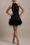 Plataz Party Sequins Zipper Feather Hemline Halter Evening HZ1007
