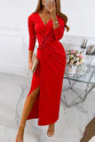 Plataz Solid Slit Fold V Neck Evening Dress Dresses(4 HZ1007