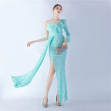 Plataz Ostrich Feather Ruffled Side Slit High End Sequined Evening HZ1007