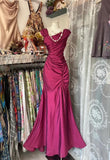 Vintage Fuchsia Mermaid Evening Gown Satin Pleated Party Dress Long Formal Dress HZ1024