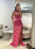 Vintage Fuchsia Sheath Lace Evening Gown High Slit Party Dress Long Formal Dress HZ1024
