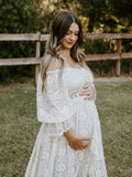Plataz Boho Lace Off Shoulder Lace Tassel Crop 2-in-1 Side Slit Ruffle Photoshoot Maternity Maxi Dress Maternity