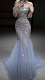 Plataz Mermaid Off The Shoulder Blue Tulle Silver Beads Long Prom Dresses Formal Evening Dress SD1399 HZ0628