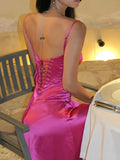 Plataz A line Spaghetti Straps Pink Satin Long Party Dresses Prom Dresses SD2705 HZ0628